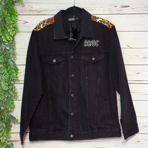 AC/DC Leopard Print Album Titles Black Denim Jean Jacket Unisex Size Large‎